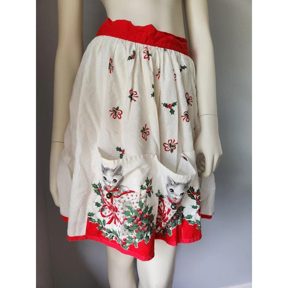 Vintage Kittens Holiday Christmas Apron Cats Jingle Bells Pockets Half Waist Tie